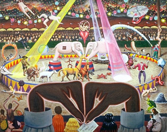 Surrealists' Circus. Painting by Hank Grebe, 1976