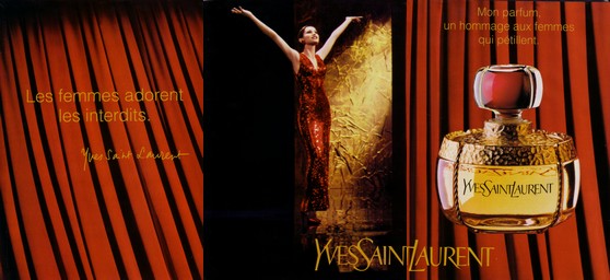 YSL Champagne ad showing the small, squat parfum bottle, not the EDT one. Source: ladies-with-bottle.blogspot.com 
